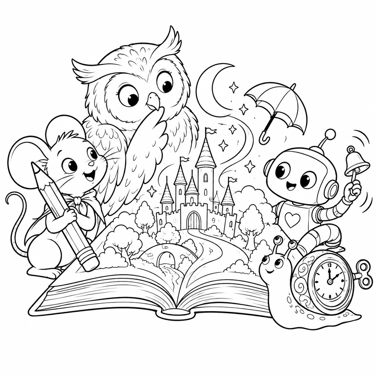 A mouse, owl, robot and snail exploring a magical book
